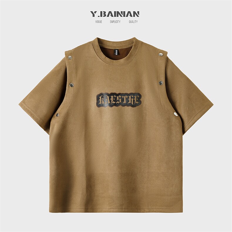 港风夏款男T恤鹿皮绒袖子可拆字母扎染五分袖T恤衫T8801P45,男装T恤,星座1013-1
