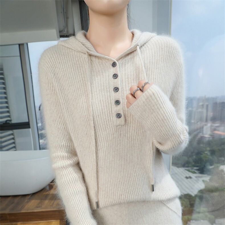 25秋冬100%羊毛衫连帽卫衣女纯色长袖帽衫针织毛衣宽松羊绒衫上衣，女装针织衫/毛衣，冬贝尔貂绒