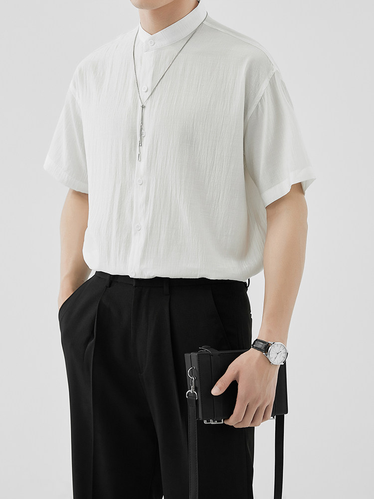 轻熟风夏季男士七分袖纯色衬衫男休闲修身立领衬衣A236-C663-P55,男装衬衫,电商A236