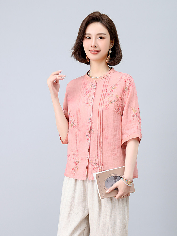 2025夏装新款复古舒适显瘦撞色印花苎麻衬衫轻薄阔腿裤,女装衬衫,凝聚力