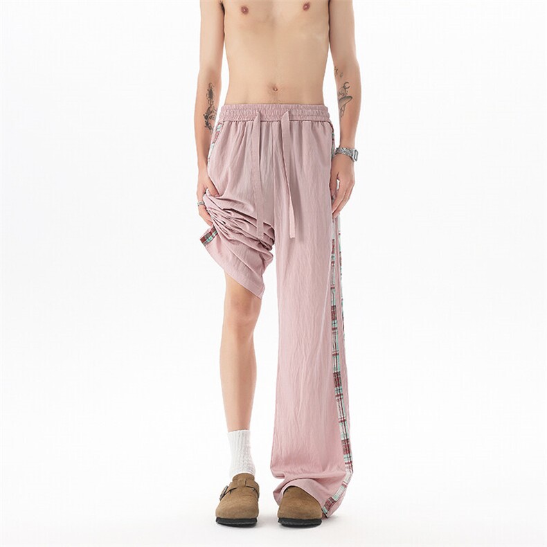 D206-1K9141P558XL-M拖地冰丝阔腿裤拼接山本裤男慵懒时尚格子裤,男装休闲裤,电商D206-1