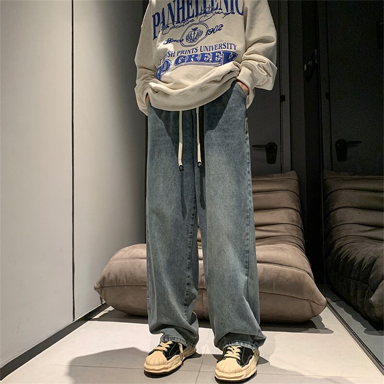 牛仔裤男ins港风复古坠感阔腿长裤潮牌宽松直筒老爹裤N0601-P45,男装休闲裤,星座308B-1