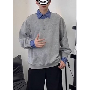 格子领polo衫男款春季2025新款假两件衣服学院风美式重磅卫衣外套图片