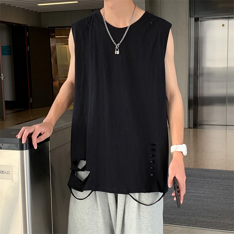 T2037-P25夏港风潮韩版破洞背心毛边复古运动无袖坎肩圆领t恤控38,男装T恤,电商A009A（原A058A）