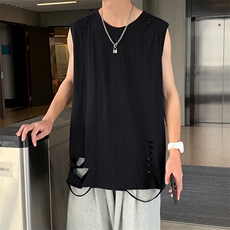 T2037-P25夏港风潮韩版破洞背心毛边复古运动无袖坎肩圆领t恤控38，男装T恤，电商A009A（原A058A）