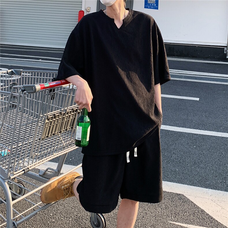 2026夏V领短袖冰丝T恤套装大码男纹理提花半袖TZ5677/特P45黑3,男装T恤,电商A094