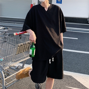 2026夏V领短袖冰丝T恤套装大码男纹理提花半袖 TZ5677/特P45 黑3图片