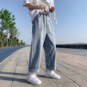 美式高街复古牛仔裤男士纯色抽绳长裤宽松直筒vibe裤子N003-P35图片