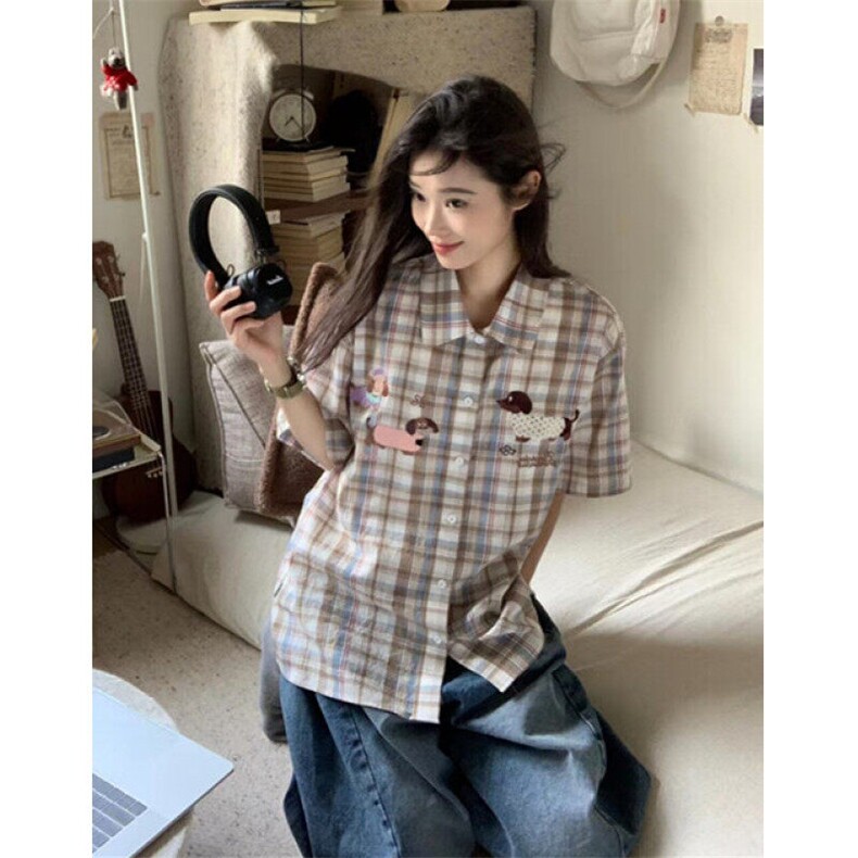 夏季新款趣味小狗毛巾绣格子短袖衬衫男女宽松休闲衬衣CA314,男装T恤,星座1116A（原606A-3）