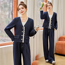 2025春季新款韩系高级感蕾丝拼接牛仔短外套高腰阔腿裤两件套装女，女装套装/套裙，伊仟回