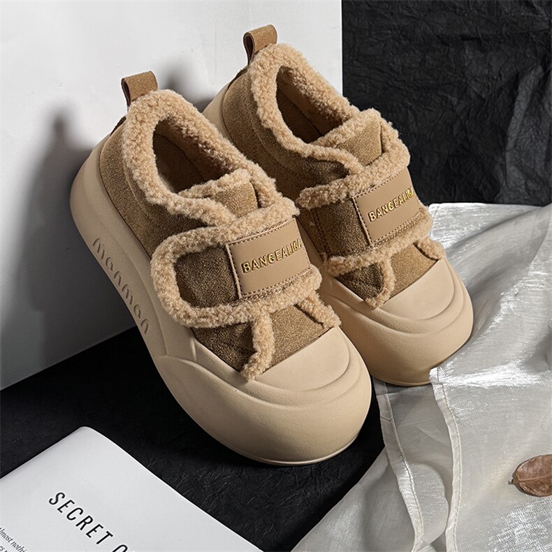 真皮面包鞋女2024冬季新款魔术贴加绒板鞋休闲厚底小白鞋加绒棉鞋，女鞋毛毛鞋，电商A223