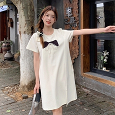 蝴蝶结钉珠体恤裙女中长款2024新款夏季休闲宽松太空棉直筒连衣裙，女装连衣裙，鑫慧