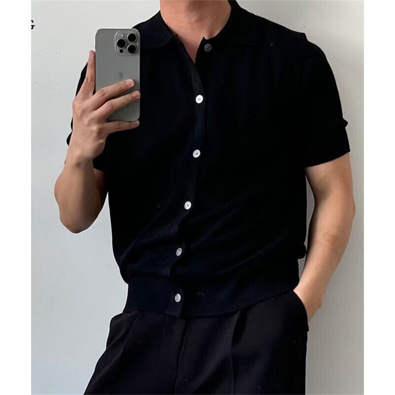 男士纯色夏季扣式针织开衫透气时尚清新休闲翻领polo衫 Z15图片