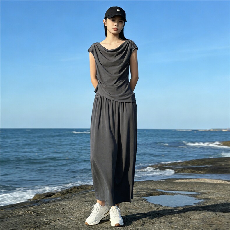 个性简约时尚套装裙女夏季新款圆领褶皱设计短袖上衣半身裙两件套,女装套装/套裙,江南