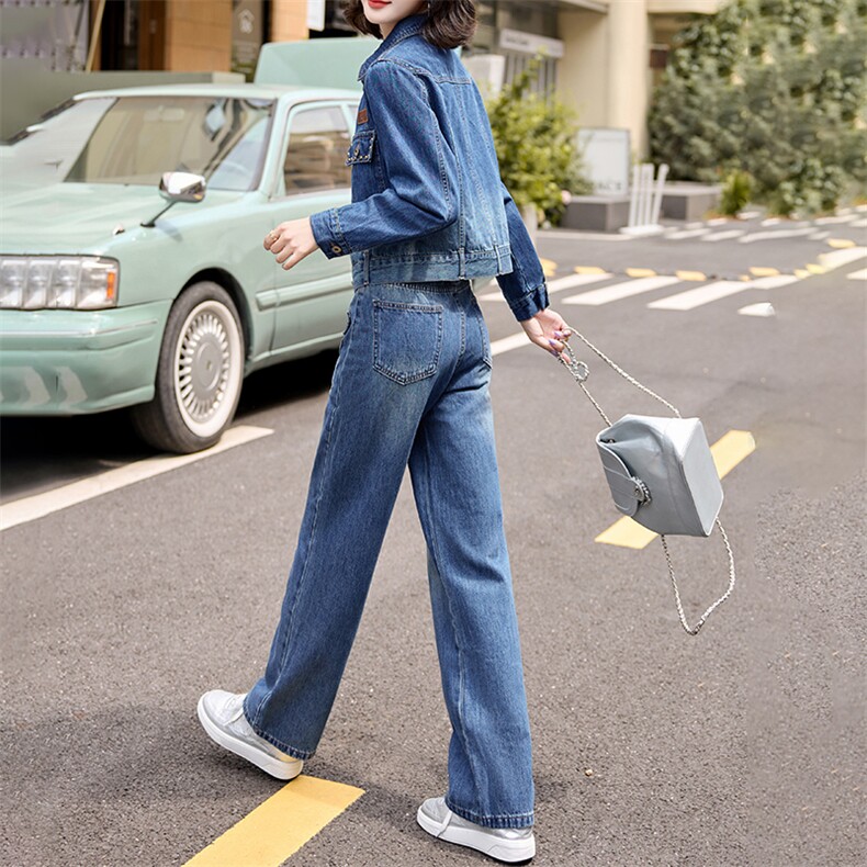 现货韩版时尚牛仔套装女春2024新款洋气显瘦显高牛仔两件套装潮,女装套装/套裙,江南女神