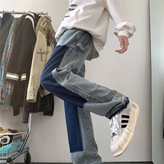 美式撞色拼接牛仔裤男春秋高街设计感hiphop潮牌直筒毛边休闲长裤，男装牛仔裤，星座601-2