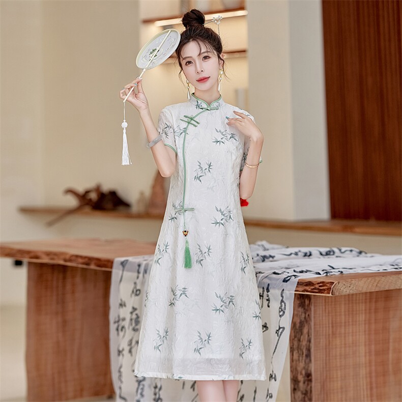 天丝皱印花连衣裙女夏季新款送考长裙修身显瘦改良版奥黛日常旗袍,女装连衣裙,利佳可人