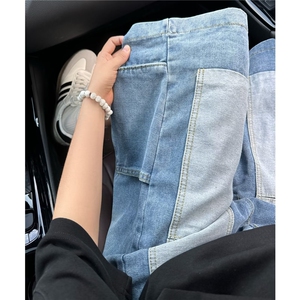 美式高街设计感拼接口袋工装牛仔裤男女夏季小众潮牌31255-p45图片