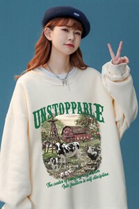 中性秋季新款港风设计感油画印花圆领套头卫衣外套 W1011P30控48-图片