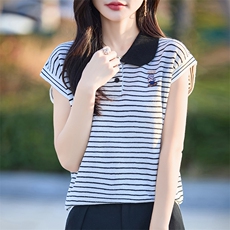 夏季新款精纺羊毛针织短袖女POLO领T恤宽松显瘦条纹撞色打底衫女，女装T恤，端硕羊绒