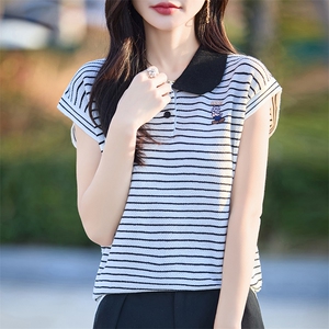 夏季新款精纺羊毛针织短袖女POLO领T恤宽松显瘦条纹撞色打底衫女图片