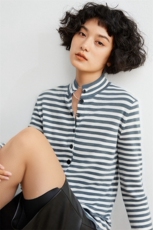 贺琛|条纹相间文艺范儿baby山羊绒针织开衫女立领宽松毛衣外套，女装针织衫/毛衣，雪山红莲