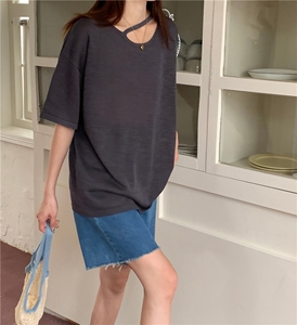 夏季新款简约百搭短袖针织衫女宽松休闲上衣图片