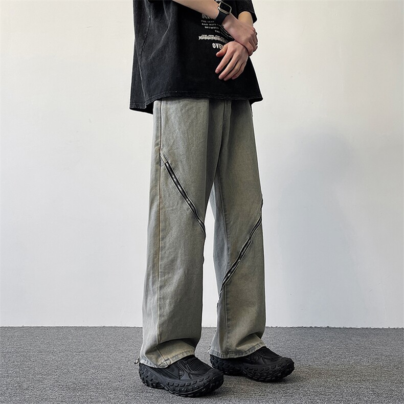 217-2-K1591-P55美式高街黄泥染牛仔裤男春季宽松直筒阔腿休闲裤图片