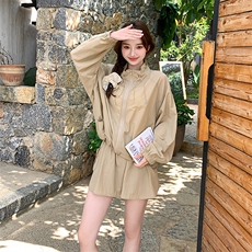 卡其色休闲运动套装女2025夏季新款韩系时尚轻薄防晒短裤两件套潮，女装套装/套裙，浙宝276（原081）