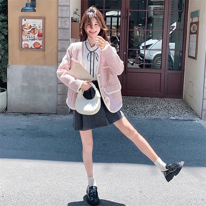 法式小香风外套女春秋2025甜美气质v领韩版名媛粉色精致高端上衣,女装毛呢外套,2C056