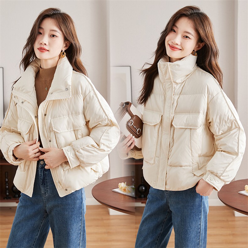 立领短款面包羽绒服女2024冬新款大口袋休闲加厚保暖90白鸭绒外套，女装羽绒服，蝶眷