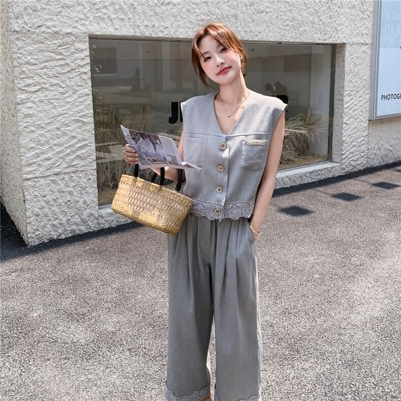 灰色蕾丝拼接无袖上衣阔腿裤套装女夏季盐系轻熟大方得体两件套,女装套装/套裙,2C203