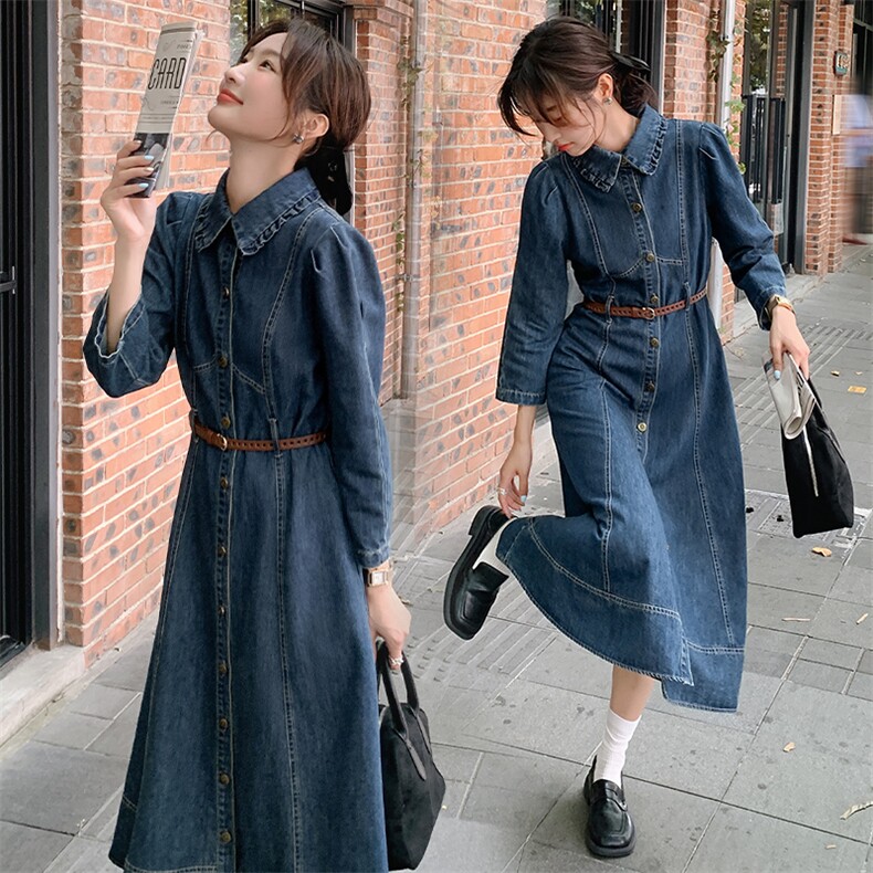 现货2024牛仔连衣裙女新款春装宽松休闲慵懒风复古气质衬衫裙子,女装连衣裙,钱塘布衣