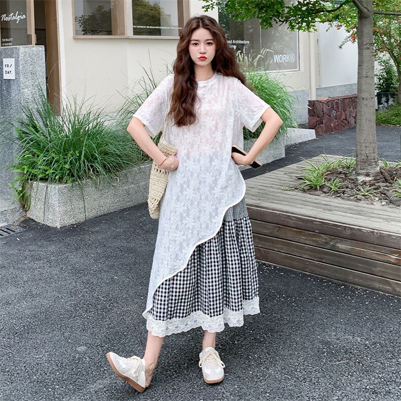 复古蕾丝连衣裙格子半身裙套装女夏2025新款小个子两件套独特漂亮,女装套装/套裙,2C009