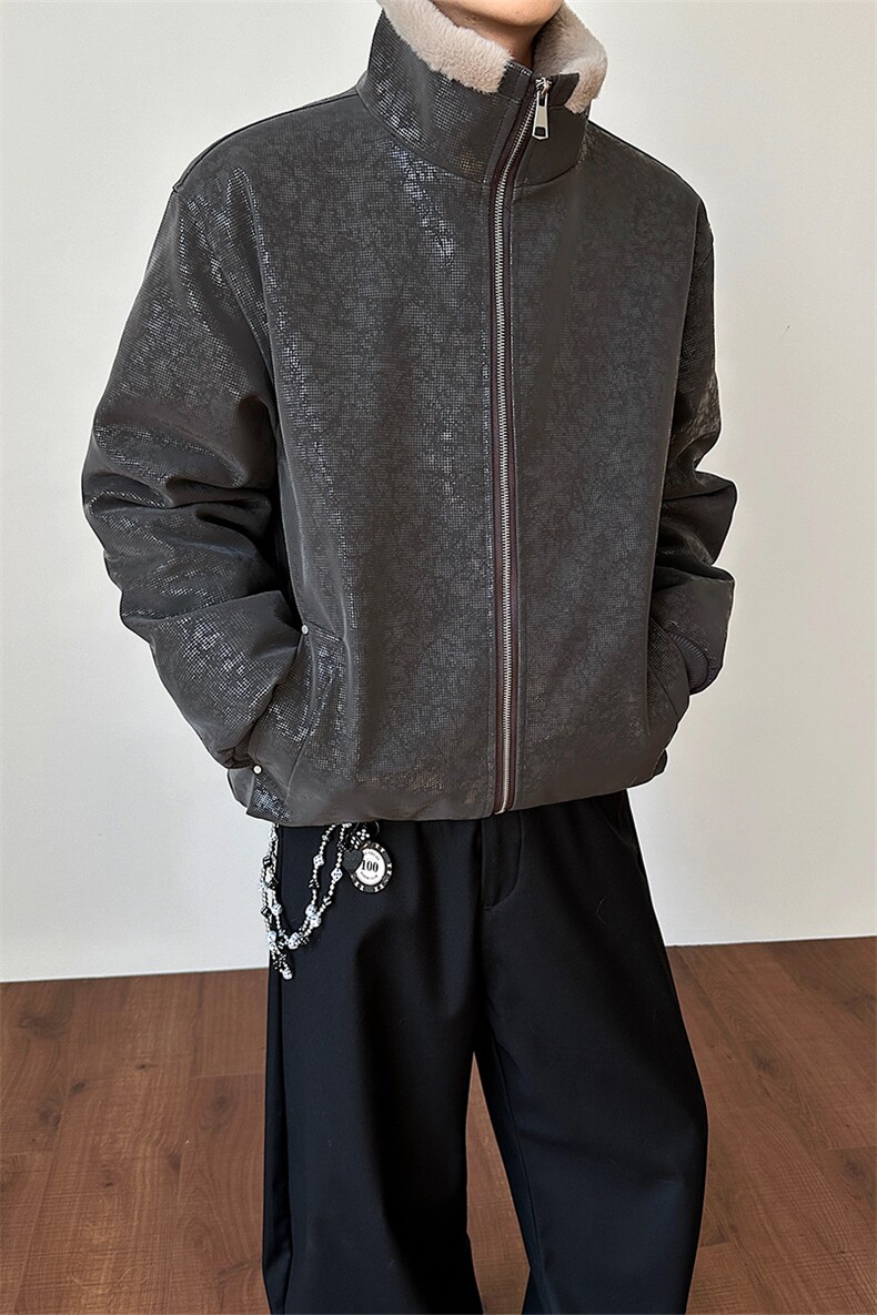 加绒加厚蛇纹亮片棉衣潮牌休闲座山雕皮衣男D54135-TP80158,男装皮衣,电商A102