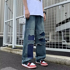 破洞牛仔裤男宽松潮牌直筒大码长裤春乞丐裤潮，男装牛仔裤，星座716-3