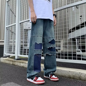 破洞牛仔裤男宽松潮牌直筒大码长裤春乞丐裤潮图片