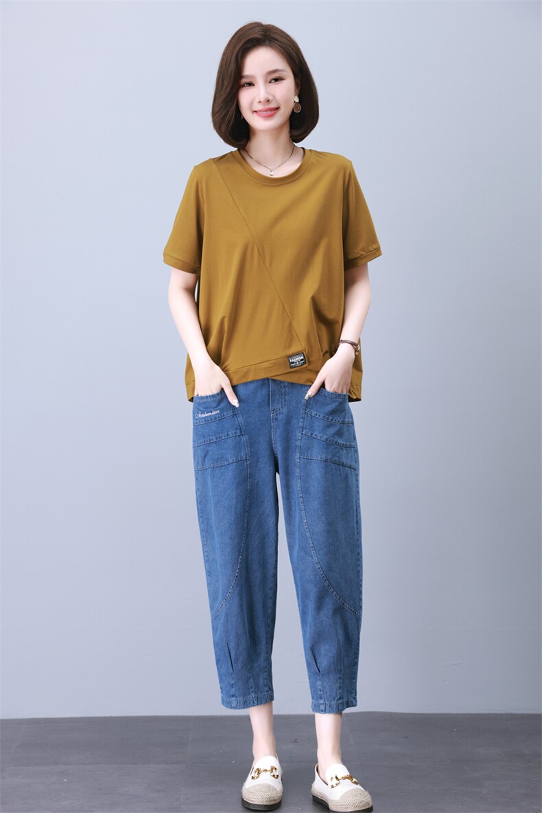 胖MM冰丝牛仔套装夏薄款宽松大码女装休闲中年妈妈装哈伦裤两件套,女装套装/套裙,叶笙衣