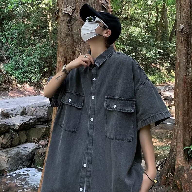 情侣日系复古浅蓝色牛仔短袖衬衫宽松oversize叠穿外套-CS330-p52,男装衬衫,星座601-2