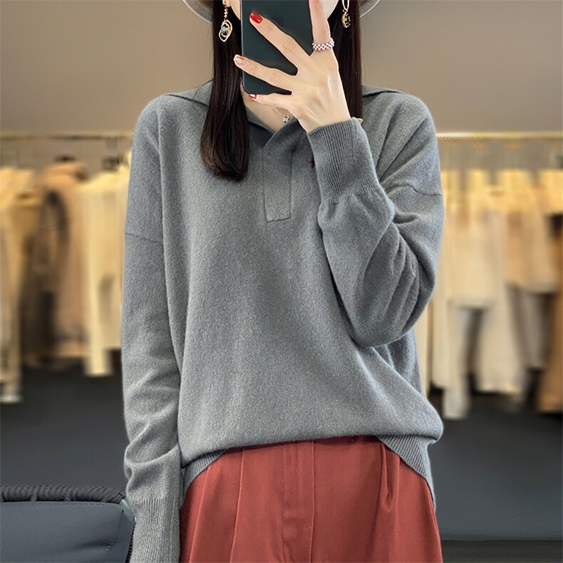 羊毛老钱风知识分子POLO领针织衫毛衣女宽松翻领加厚上衣,女装羊毛衫,盛鼎羊绒