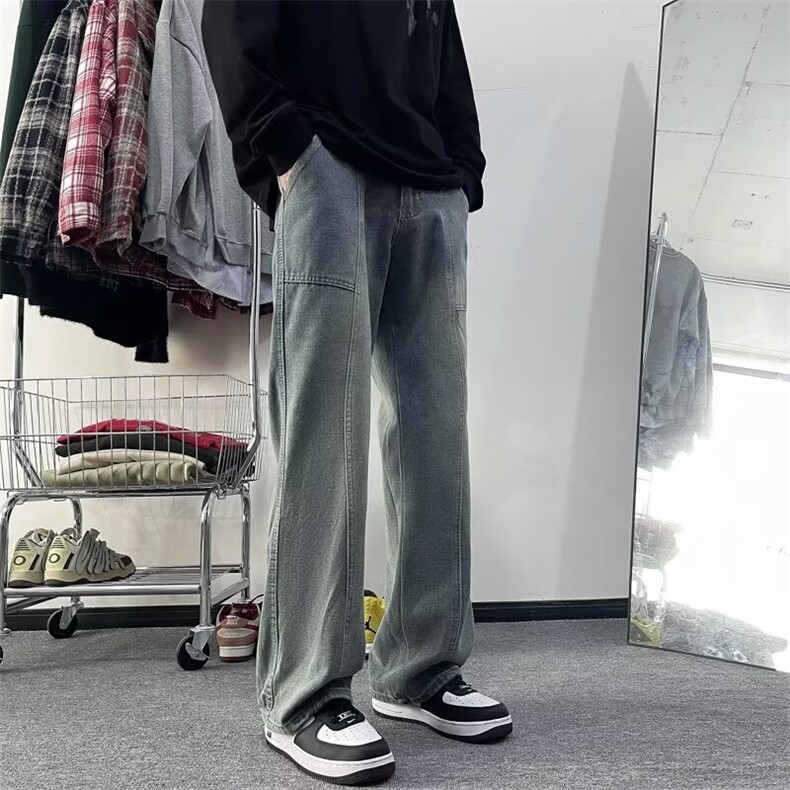 黑色牛仔裤男秋季设计感小众拉链直筒休闲长裤美式复古微喇叭裤子,男装牛仔裤,星座1013