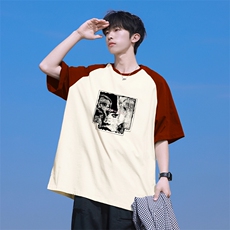 抖音得物高品质二开240克宽松纯棉美式潮牌插肩袖拼接短袖T恤，男装T恤，电商A486