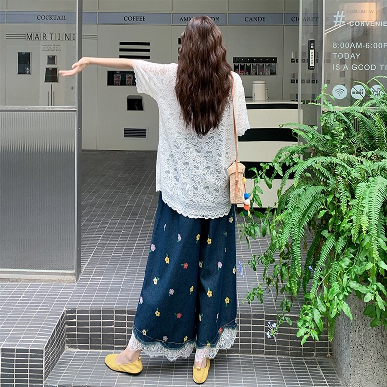 时尚气质不规则蕾丝衫套装女减龄少女感2025夏新款阔腿裤两件套潮,女装套装/套裙,2C317