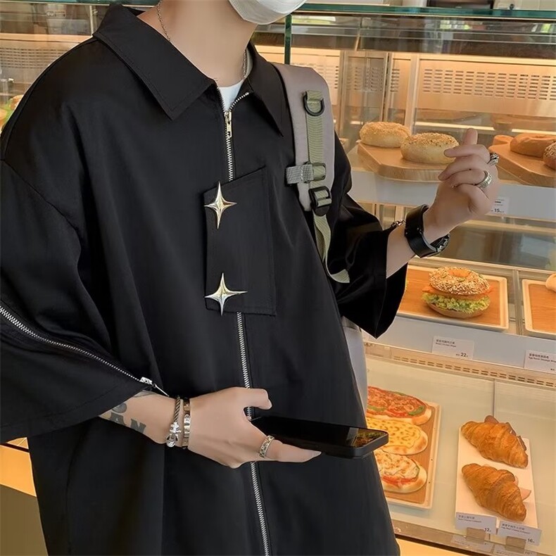 衬衫标准潮潮流原宿慵懒夏季五分袖简约日常青春流行气质,男装衬衫,星座716-2