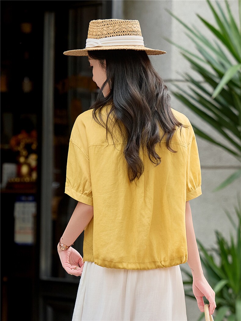 木耳花边圆领苎麻小衫女2026年夏季新款减龄百搭宽松休闲上衣,女装衬衫,余墨