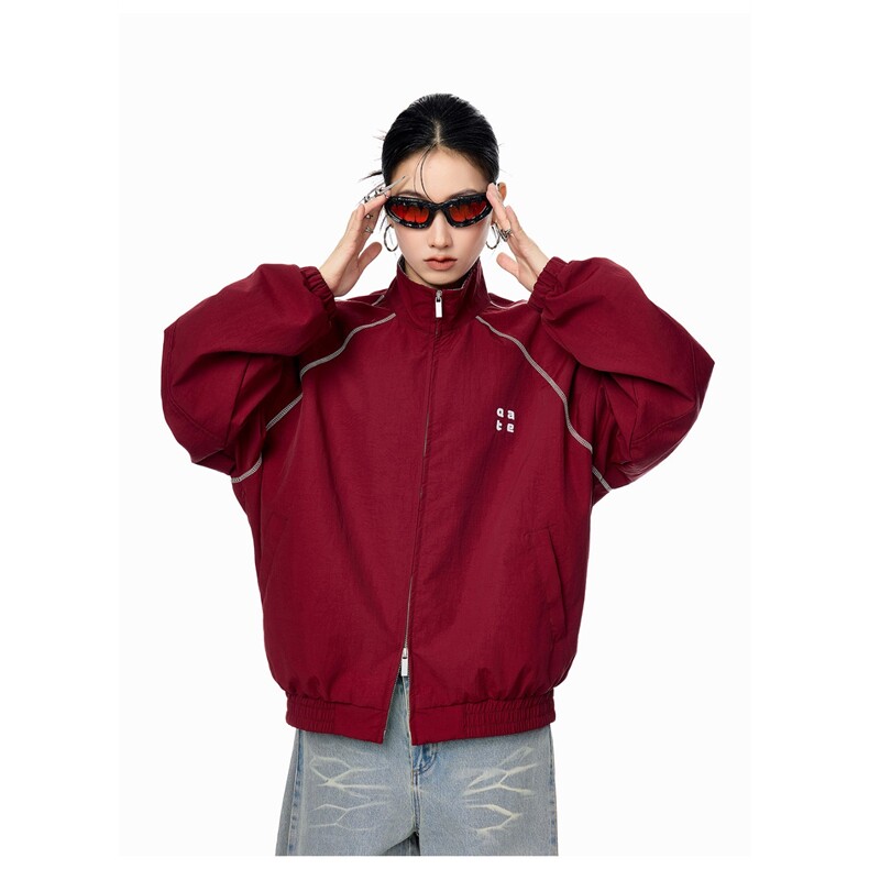 美式格子拼接红色外套秋季新款宽松拉链夹克运动上衣，男装夹克，星座1210-1