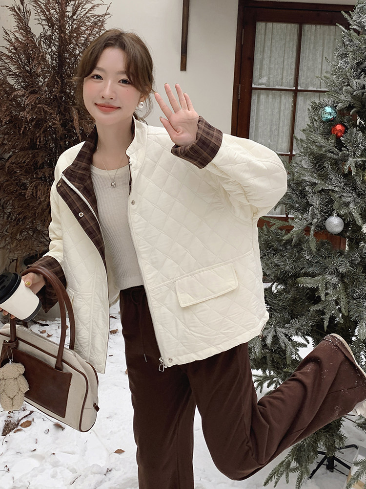 米白色撞色菱格保暖棉服外套2c309-872-p175-k258图片