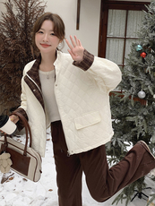 米白色撞色菱格保暖棉服外套2c309-872-p175-k258，女装棉衣/棉服，2C309