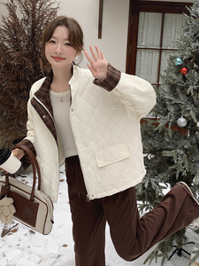 米白色撞色菱格保暖棉服外套2c309-872-p175-k258图片