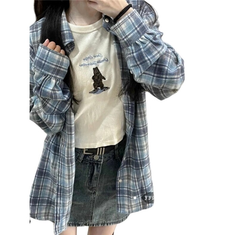 早春格子长袖衬衫女夏季防晒宽松外穿衬衣设计感小众翻领上衣外套,男装防晒衣,星座1210-1